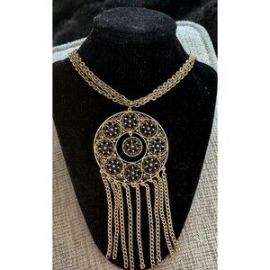 Goldtone Vintage 1970's 3 Strand Oversize  Round Openwork Pendant With Tassles